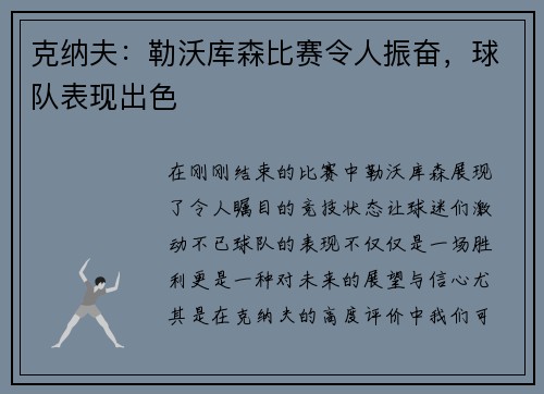 克纳夫：勒沃库森比赛令人振奋，球队表现出色