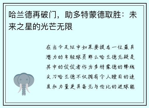 哈兰德再破门，助多特蒙德取胜：未来之星的光芒无限
