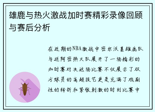 雄鹿与热火激战加时赛精彩录像回顾与赛后分析