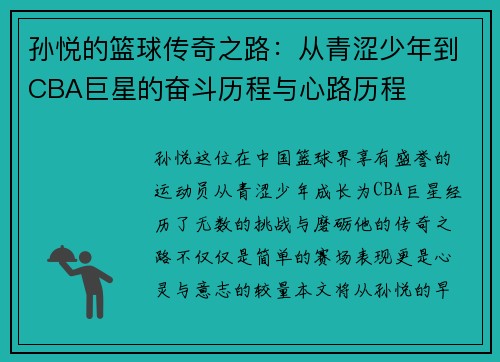 孙悦的篮球传奇之路：从青涩少年到CBA巨星的奋斗历程与心路历程