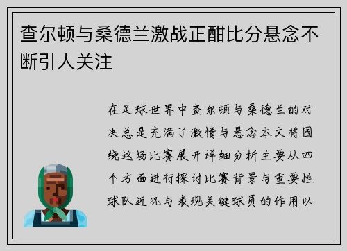 查尔顿与桑德兰激战正酣比分悬念不断引人关注