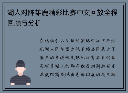 湖人对阵雄鹿精彩比赛中文回放全程回顾与分析
