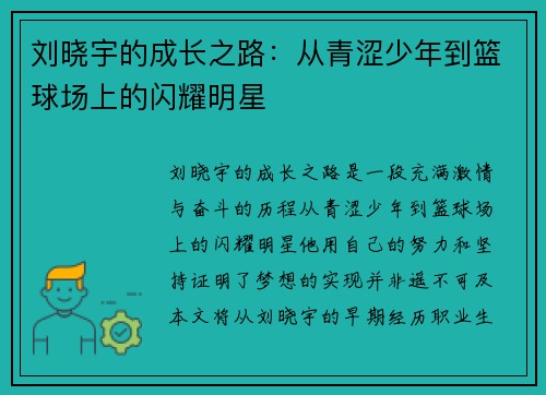 刘晓宇的成长之路：从青涩少年到篮球场上的闪耀明星