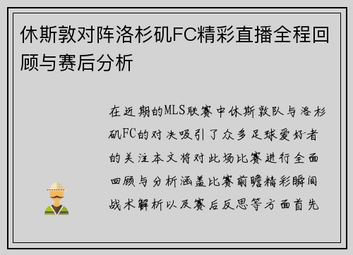 休斯敦对阵洛杉矶FC精彩直播全程回顾与赛后分析