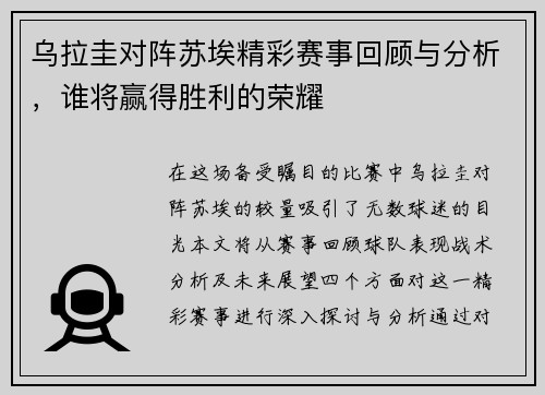 乌拉圭对阵苏埃精彩赛事回顾与分析，谁将赢得胜利的荣耀