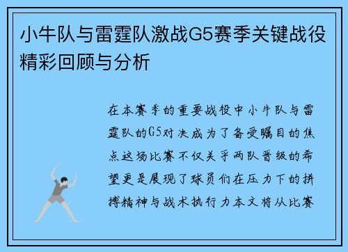 小牛队与雷霆队激战G5赛季关键战役精彩回顾与分析