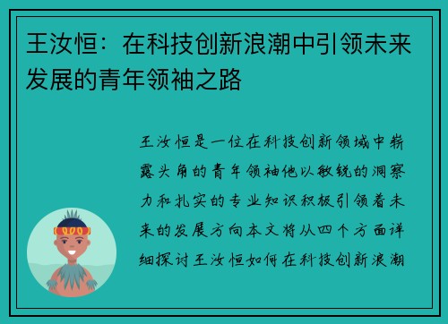 王汝恒：在科技创新浪潮中引领未来发展的青年领袖之路