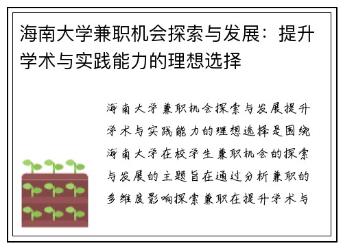 海南大学兼职机会探索与发展：提升学术与实践能力的理想选择