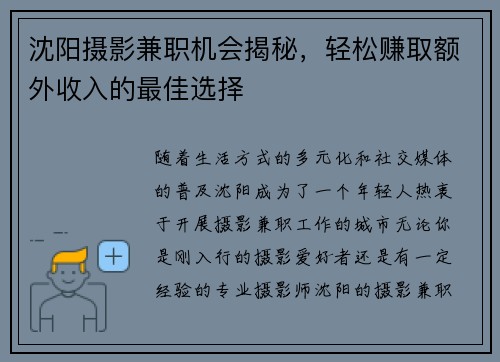 沈阳摄影兼职机会揭秘，轻松赚取额外收入的最佳选择