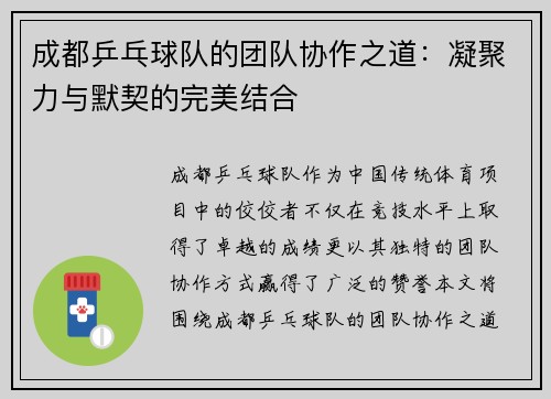 成都乒乓球队的团队协作之道：凝聚力与默契的完美结合