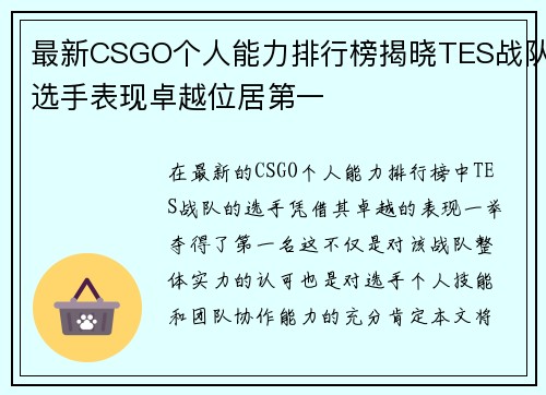 最新CSGO个人能力排行榜揭晓TES战队选手表现卓越位居第一
