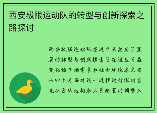 西安极限运动队的转型与创新探索之路探讨