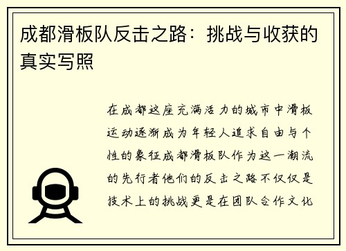 成都滑板队反击之路：挑战与收获的真实写照
