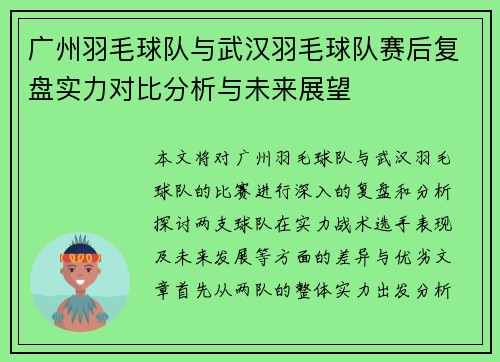 广州羽毛球队与武汉羽毛球队赛后复盘实力对比分析与未来展望