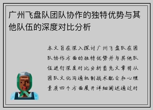 广州飞盘队团队协作的独特优势与其他队伍的深度对比分析