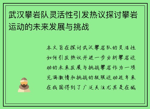 武汉攀岩队灵活性引发热议探讨攀岩运动的未来发展与挑战