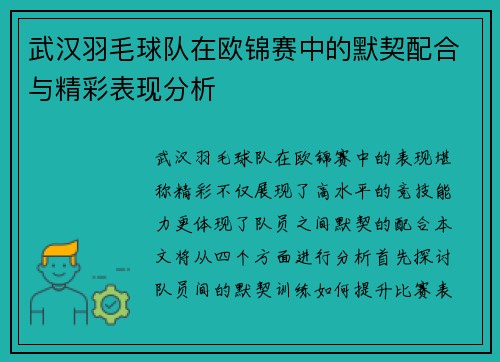 武汉羽毛球队在欧锦赛中的默契配合与精彩表现分析