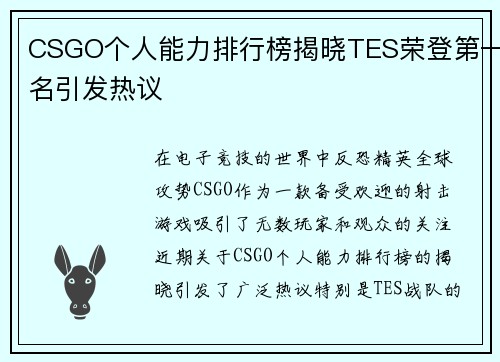 CSGO个人能力排行榜揭晓TES荣登第一名引发热议