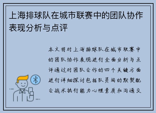 上海排球队在城市联赛中的团队协作表现分析与点评